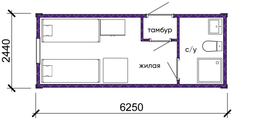 Жилой бытовой модуль 15,25 м2 на 4 места с санузлом